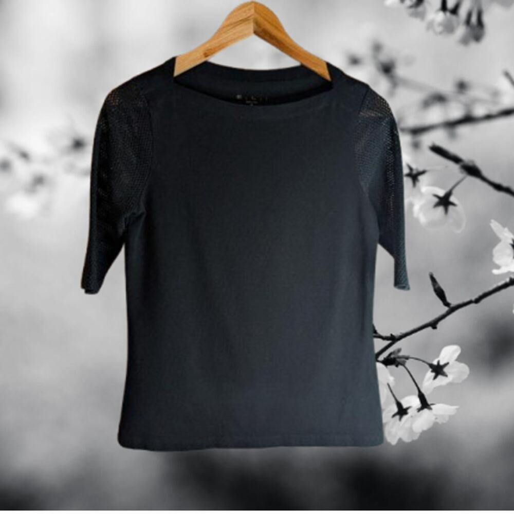 E.L.I. XS netted short sleeves black pima cotton blend stretch woman's top.
